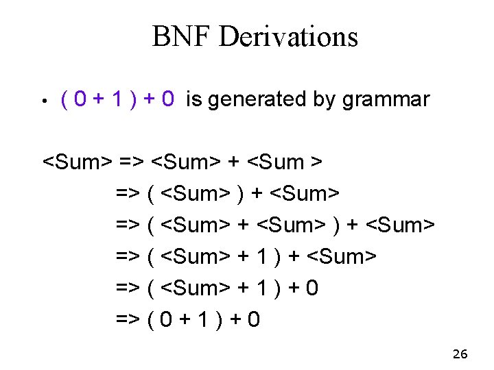 BNF Derivations • ( 0 + 1 ) + 0 is generated by grammar BNF Derivations • ( 0 + 1 ) + 0 is generated by grammar