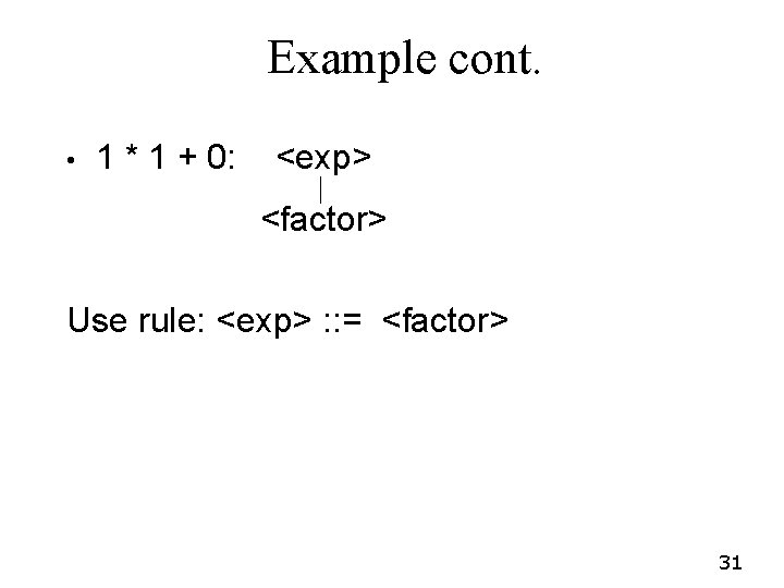 Example cont. • 1 * 1 + 0: <exp> <factor> Use rule: <exp> : Example cont. • 1 * 1 + 0: <exp> <factor> Use rule: <exp> :
