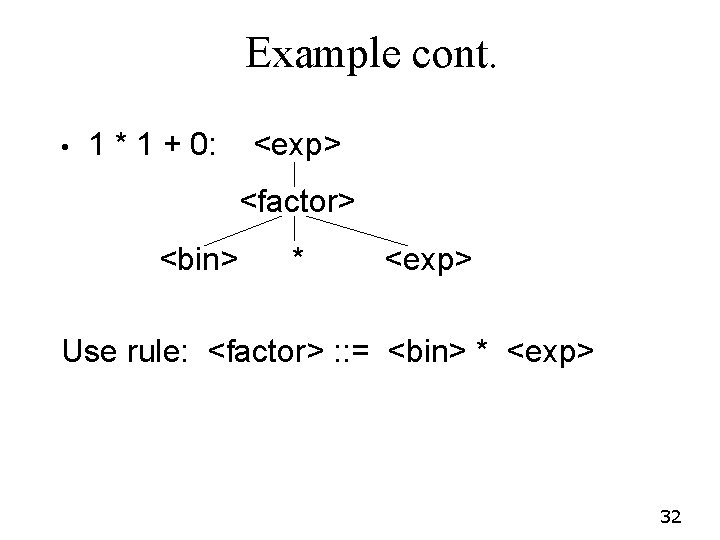 Example cont. • 1 * 1 + 0: <exp> <factor> <bin> * <exp> Use Example cont. • 1 * 1 + 0: <exp> <factor> <bin> * <exp> Use