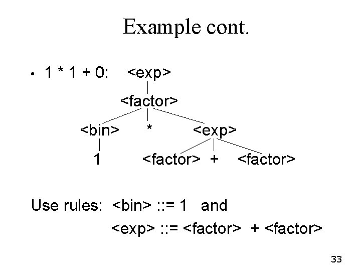 Example cont. • 1 * 1 + 0: <exp> <factor> <bin> 1 * <exp> Example cont. • 1 * 1 + 0: <exp> <factor> <bin> 1 * <exp>