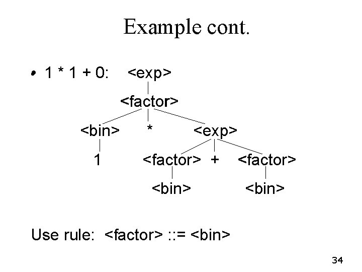 Example cont. • • 1 * 1 + 0: <exp> <factor> <bin> 1 * Example cont. • • 1 * 1 + 0: <exp> <factor> <bin> 1 *