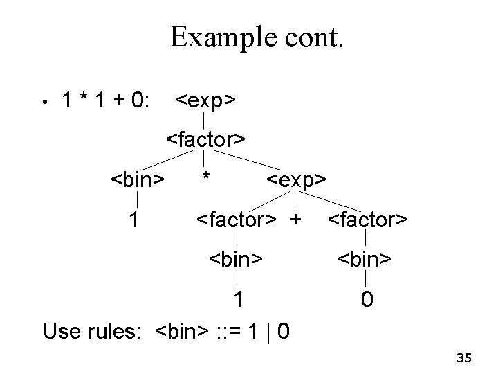 Example cont. • 1 * 1 + 0: <exp> <factor> <bin> 1 * <exp> Example cont. • 1 * 1 + 0: <exp> <factor> <bin> 1 * <exp>