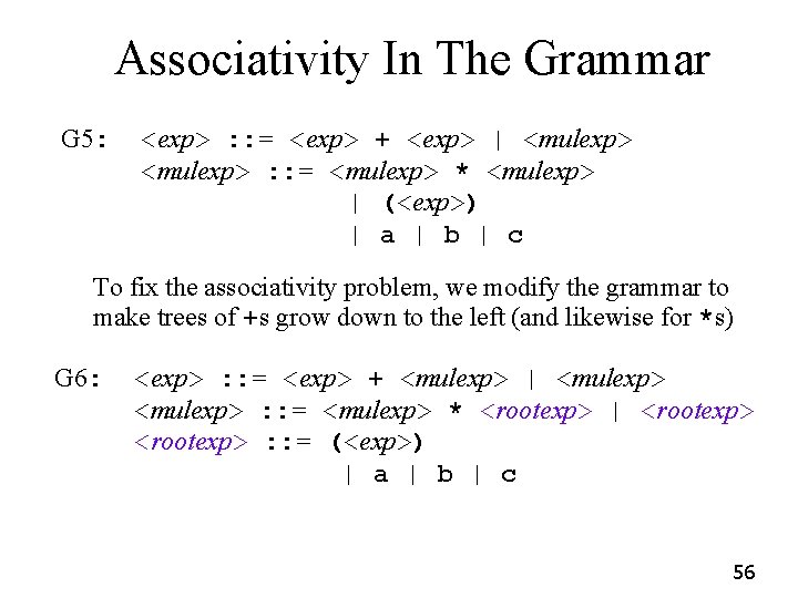 Associativity In The Grammar G 5: <exp> : : = <exp> + <exp> | Associativity In The Grammar G 5: <exp> : : = <exp> + <exp> |