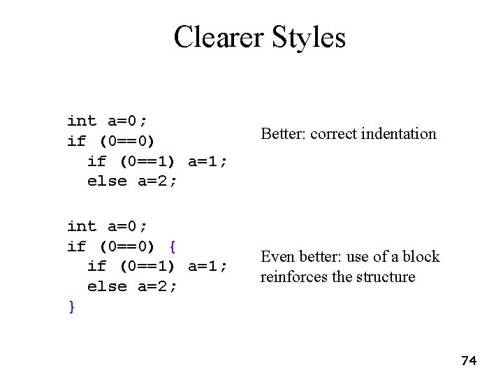 Clearer Styles int a=0; if (0==0) if (0==1) a=1; else a=2; int a=0; if Clearer Styles int a=0; if (0==0) if (0==1) a=1; else a=2; int a=0; if