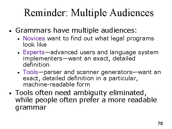Reminder: Multiple Audiences • Grammars have multiple audiences: • • Novices want to find Reminder: Multiple Audiences • Grammars have multiple audiences: • • Novices want to find