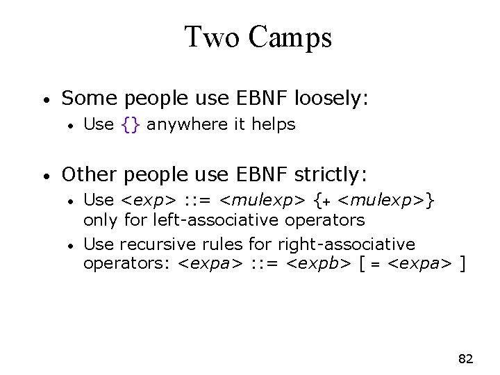 Two Camps • Some people use EBNF loosely: • • Use {} anywhere it Two Camps • Some people use EBNF loosely: • • Use {} anywhere it