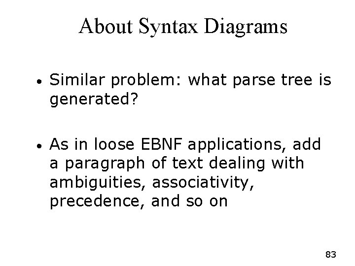 About Syntax Diagrams • Similar problem: what parse tree is generated? • As in About Syntax Diagrams • Similar problem: what parse tree is generated? • As in