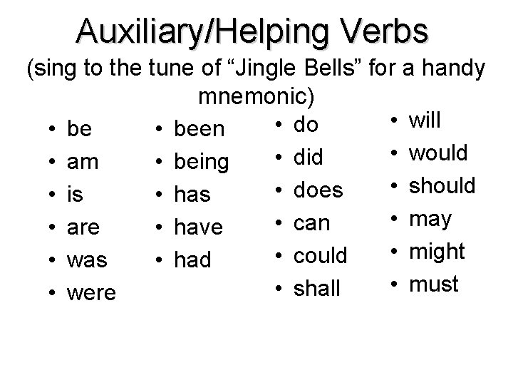 Auxiliary/Helping Verbs (sing to the tune of “Jingle Bells” for a handy mnemonic) •