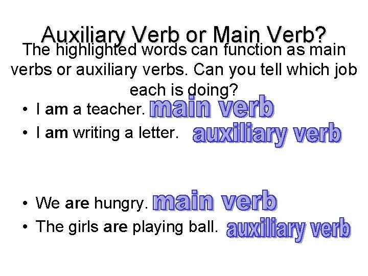 Auxiliary Verb or Main Verb? The highlighted words can function as main verbs or
