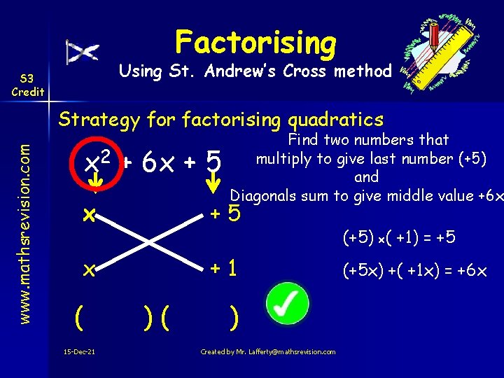 Factorising Using St. Andrew’s Cross method S 3 Credit www. mathsrevision. com Strategy for