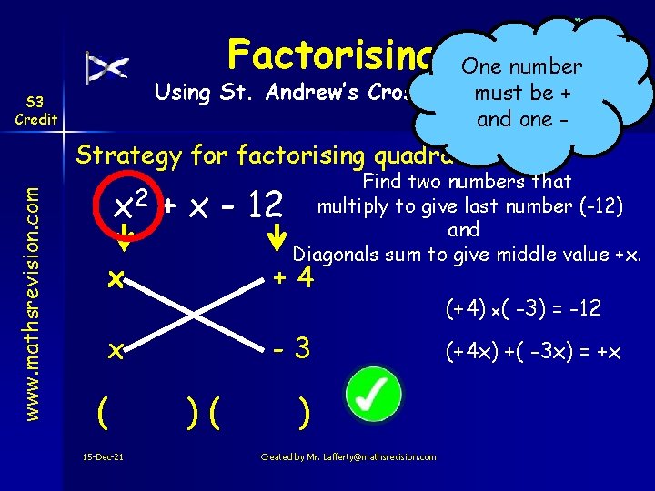 Factorising One number Using St. Andrew’s Cross method must be + and one -