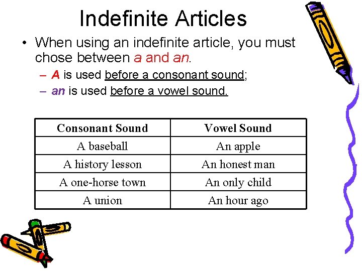 Indefinite Articles • When using an indefinite article, you must chose between a and