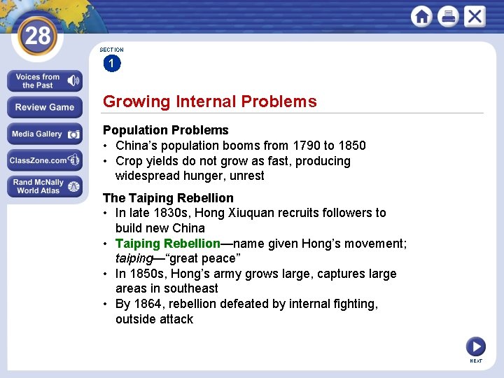 SECTION 1 Growing Internal Problems Population Problems • China’s population booms from 1790 to