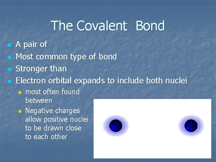 The Covalent Bond n n A pair of Most common type of bond Stronger