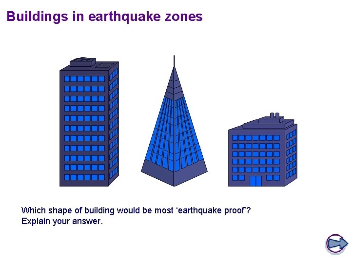 Buildings in earthquake zones Which shape of building would be most ‘earthquake proof’? Explain