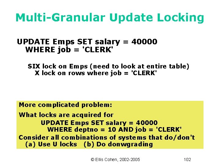 Multi-Granular Update Locking UPDATE Emps SET salary = 40000 WHERE job = 'CLERK' SIX
