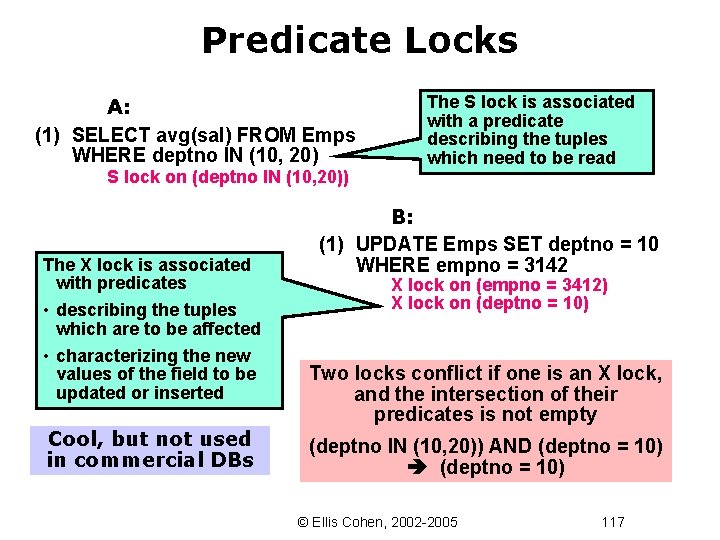 Predicate Locks A: (1) SELECT avg(sal) FROM Emps WHERE deptno IN (10, 20) S