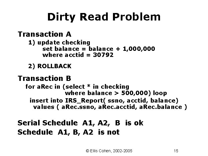 Dirty Read Problem Transaction A 1) update checking set balance = balance + 1,