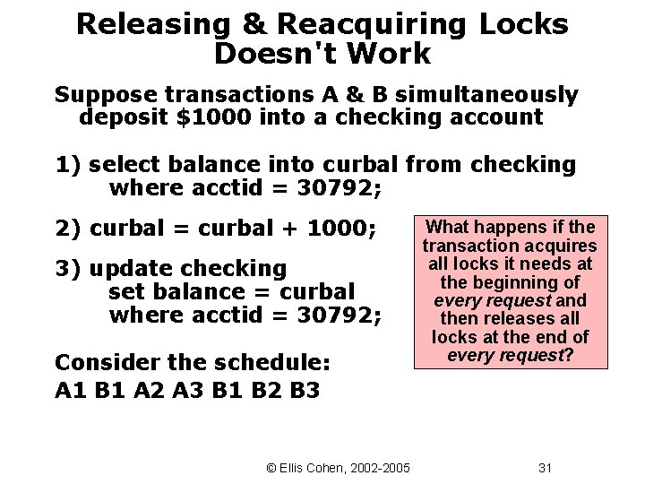 Releasing & Reacquiring Locks Doesn't Work Suppose transactions A & B simultaneously deposit $1000