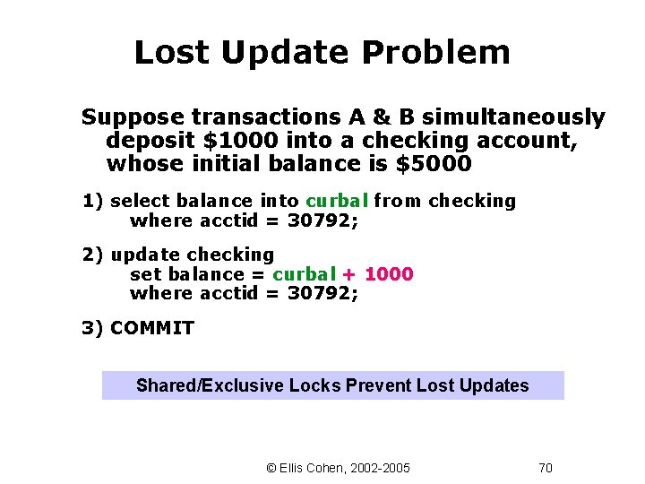 Lost Update Problem Suppose transactions A & B simultaneously deposit $1000 into a checking