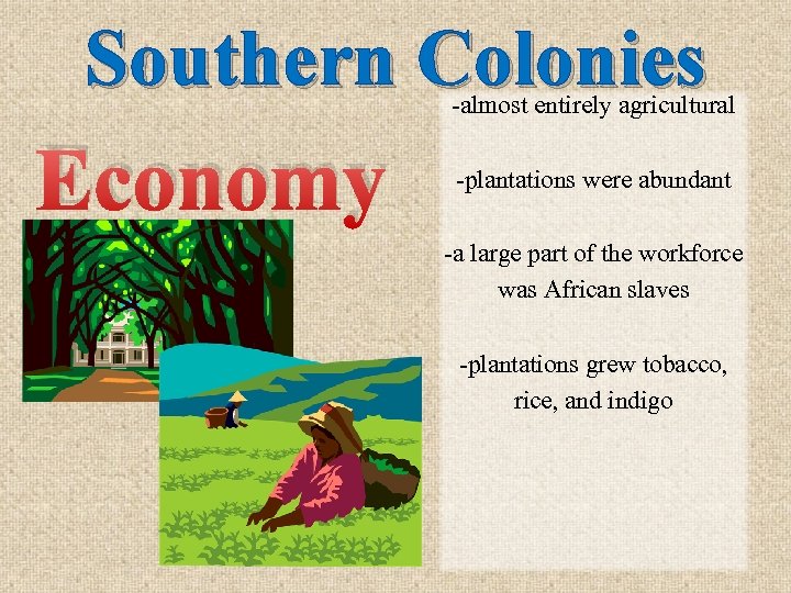 Southern Colonies Economy -almost entirely agricultural -plantations were abundant -a large part of the