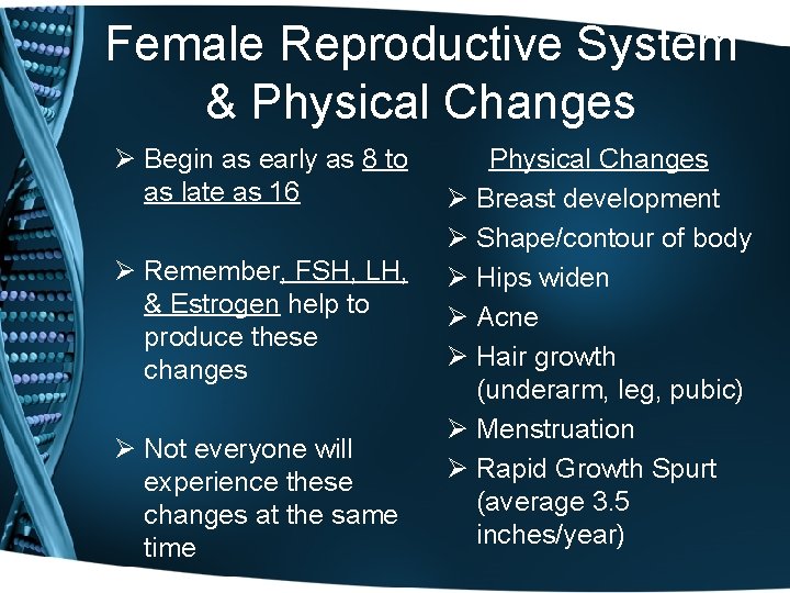 Female Reproductive System & Physical Changes Ø Begin as early as 8 to as