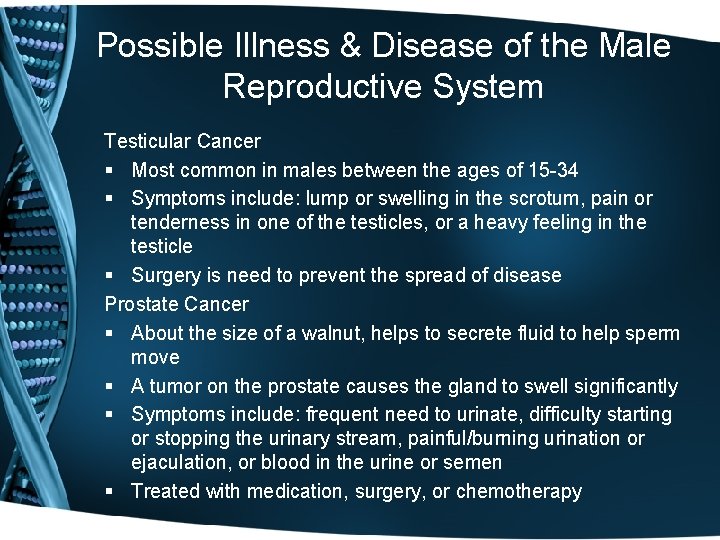 Possible Illness & Disease of the Male Reproductive System Testicular Cancer § Most common