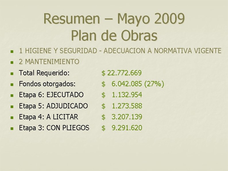 Resumen – Mayo 2009 Plan de Obras n 1 HIGIENE Y SEGURIDAD - ADECUACION