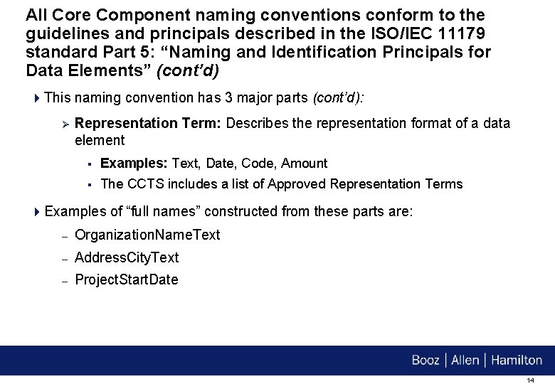 All Core Component naming conventions conform to the guidelines and principals described in the