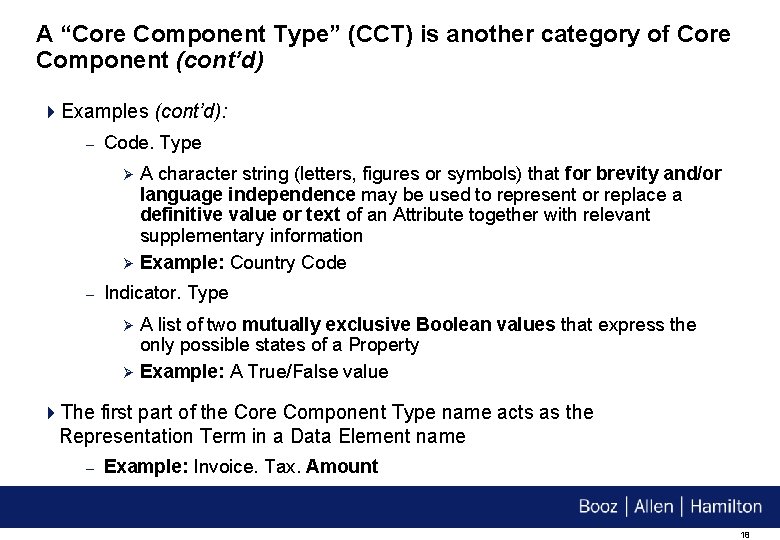 A “Core Component Type” (CCT) is another category of Core Component (cont’d) 4 Examples
