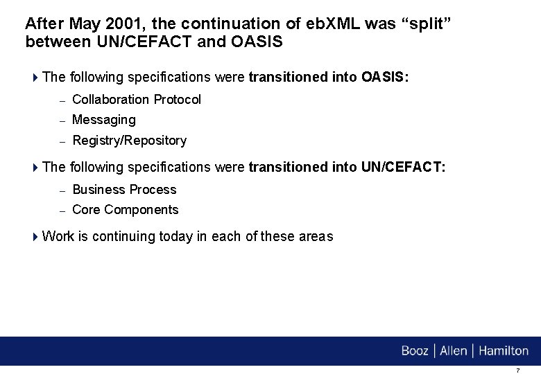 After May 2001, the continuation of eb. XML was “split” between UN/CEFACT and OASIS