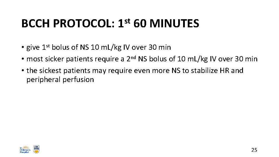 BCCH PROTOCOL: 1 st 60 MINUTES • give 1 st bolus of NS 10