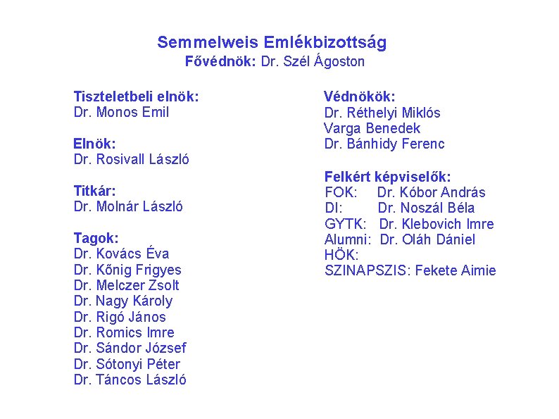 Semmelweis Emlékbizottság Fővédnök: Dr. Szél Ágoston Tiszteletbeli elnök: Dr. Monos Emil Elnök: Dr. Rosivall