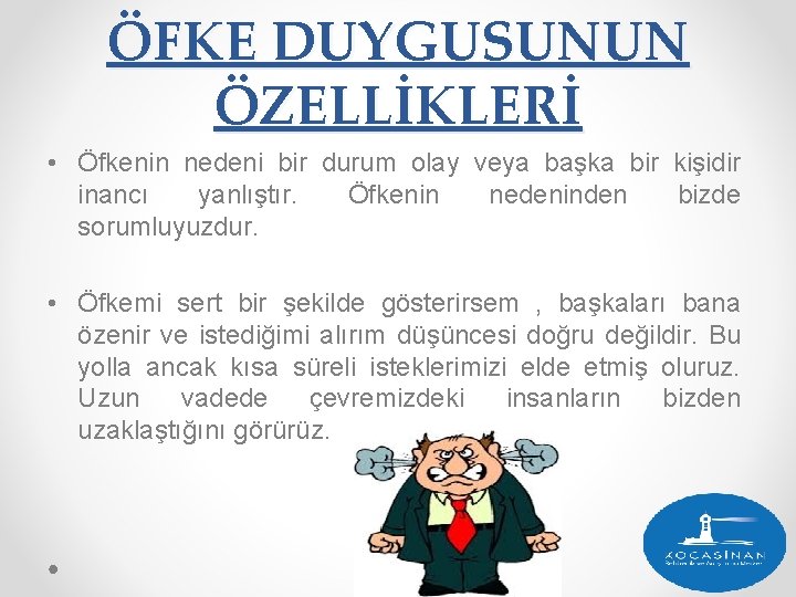 ÖFKE DUYGUSUNUN ÖZELLİKLERİ • Öfkenin nedeni bir durum olay veya başka bir kişidir inancı