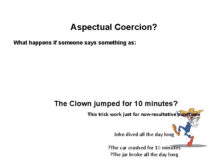 Aspectual Coercion? What happens if someone says something as: The Clown jumped for 10