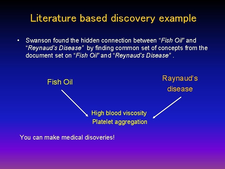 Literature based discovery example • Swanson found the hidden connection between “Fish Oil” and Literature based discovery example • Swanson found the hidden connection between “Fish Oil” and