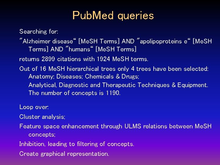 Pub. Med queries Searching for: "Alzheimer disease“ [Me. SH Terms] AND "apolipoproteins e“ [Me.