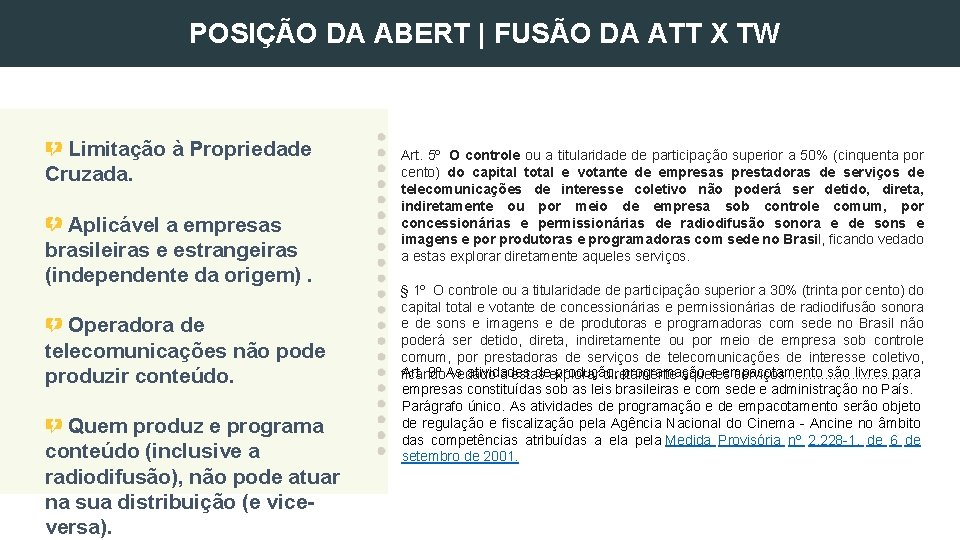 POSIÇÃO DA ABERT | FUSÃO DA ATT X TW Limitação à Propriedade Cruzada. Aplicável POSIÇÃO DA ABERT | FUSÃO DA ATT X TW Limitação à Propriedade Cruzada. Aplicável