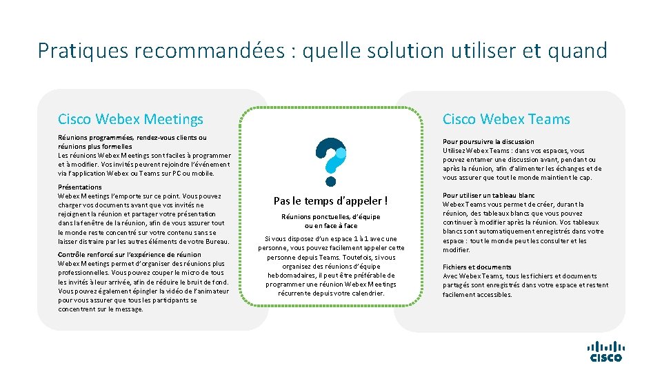 Pratiques recommandées : quelle solution utiliser et quand Cisco Webex Teams Cisco Webex Meetings