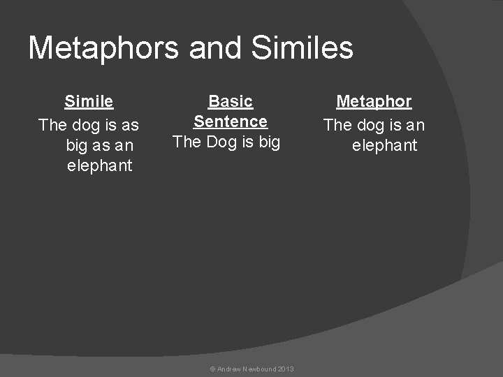 Metaphors and Similes Simile The dog is as big as an elephant Basic Sentence