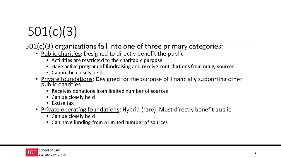 501(c)(3) organizations fall into one of three primary categories: • Public charities: Designed to