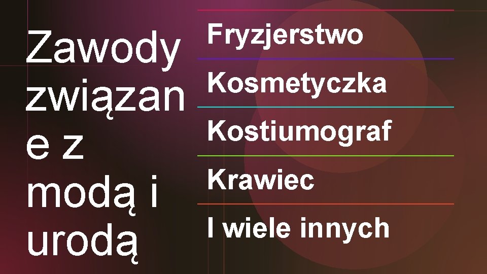 Zawody związan ez modą i urodą Fryzjerstwo Kosmetyczka Kostiumograf Krawiec I wiele innych 