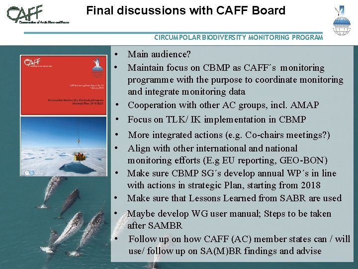 Final discussions with CAFF Board CIRCUMPOLAR BIODIVERSITY MONITORING PROGRAM • Main audience? • Maintain