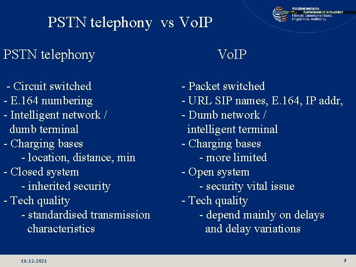 PSTN telephony vs Vo. IP PSTN telephony - Circuit switched - E. 164 numbering