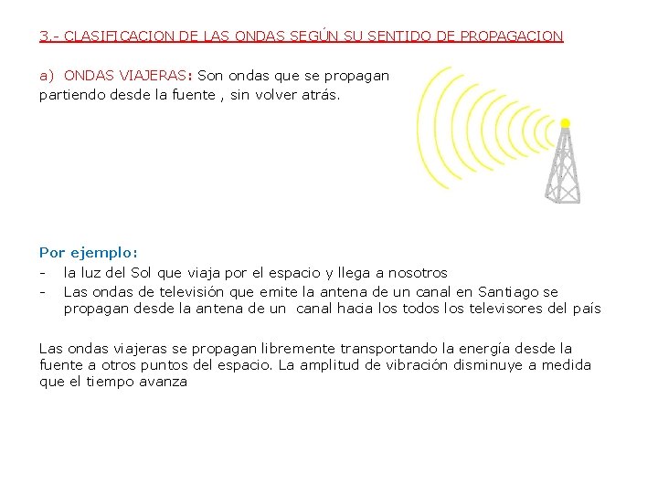 3. - CLASIFICACION DE LAS ONDAS SEGÚN SU SENTIDO DE PROPAGACION a) ONDAS VIAJERAS: