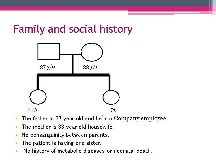 Family and social history 37 y/o 2 y/o • • • 33 y/o Pt.