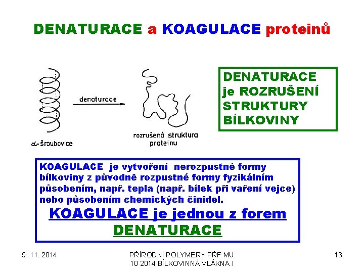 DENATURACE a KOAGULACE proteinů DENATURACE je ROZRUŠENÍ STRUKTURY BÍLKOVINY KOAGULACE je vytvoření nerozpustné formy