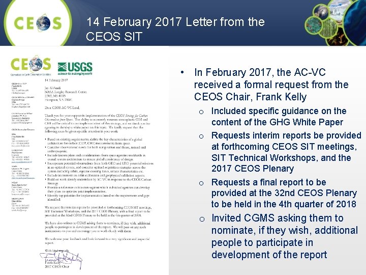 14 February 2017 Letter from the CEOS SIT • In February 2017, the AC-VC