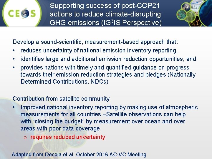 Supporting success of post-COP 21 actions to reduce climate-disrupting GHG emissions (IG 3 IS