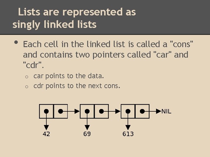 Lists are represented as singly linked lists • Each cell in the linked list